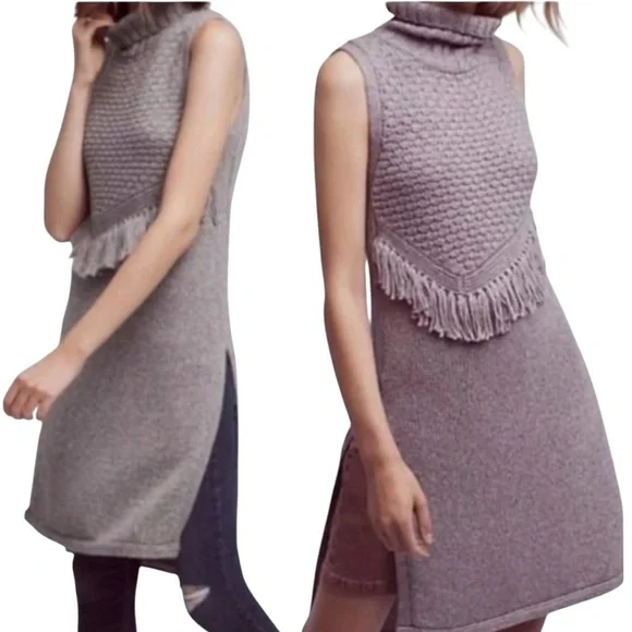 Nomad by Morgan Carper Women’s Grey Knit Tassel Turtleneck Sleeveless Dress Med - Picture 2 of 14